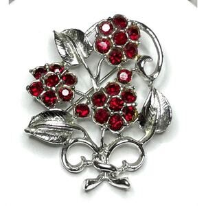 Vintage Brooch Red Rhinestone 2" Flower vtg estate costume jewelry pin AU02
